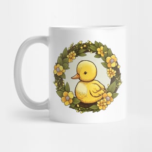 Yellow Duck in a Floral Wreath Mug